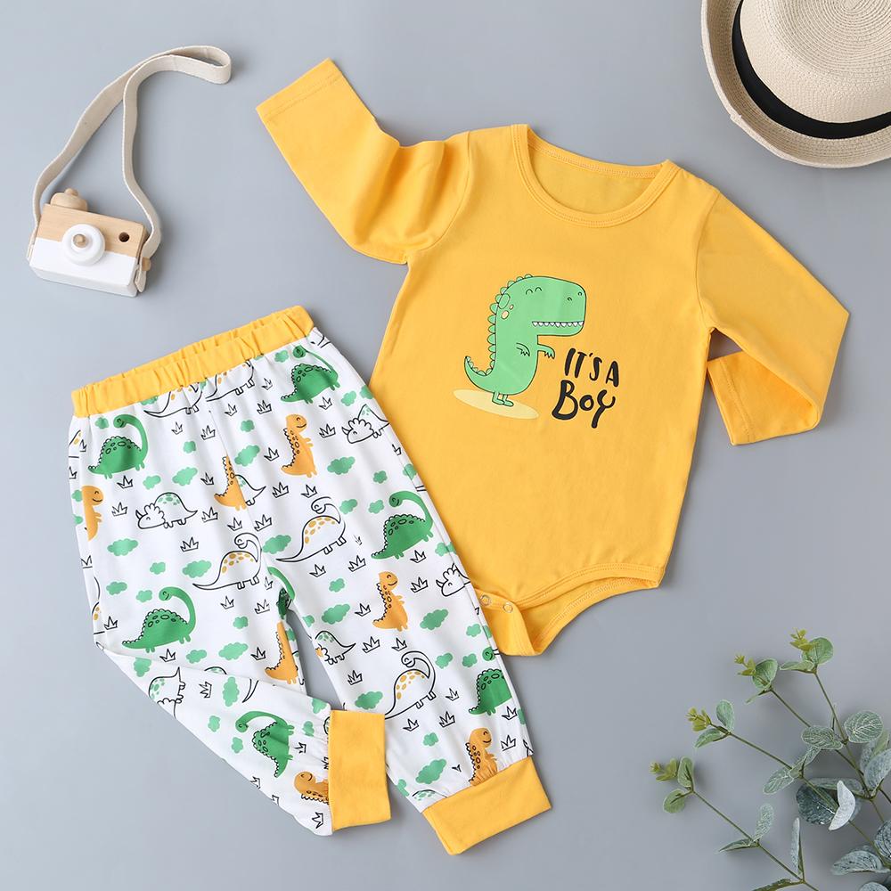 Baby Dinosaur Cartoon Printed Long Sleeve Romper & Pants - PrettyKid