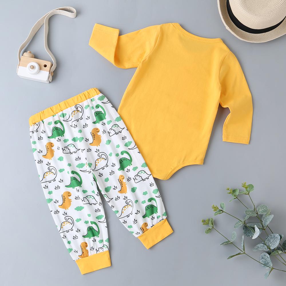 Baby Dinosaur Cartoon Printed Long Sleeve Romper & Pants - PrettyKid