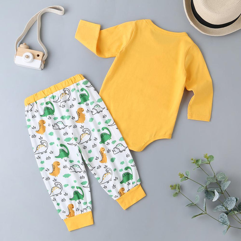 Baby Dinosaur Cartoon Printed Long Sleeve Romper & Pants - PrettyKid