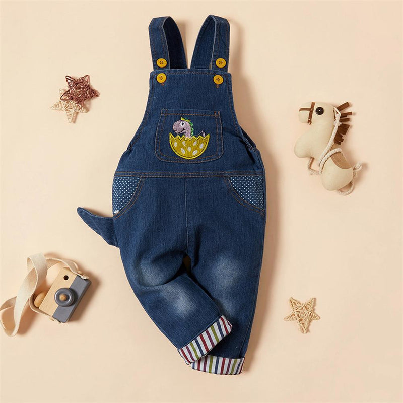 Baby Dinosaur Embroidered Denim Overalls - PrettyKid