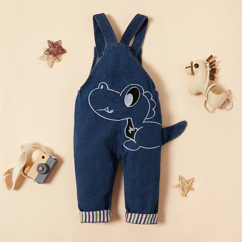 Baby Dinosaur Embroidered Denim Overalls - PrettyKid