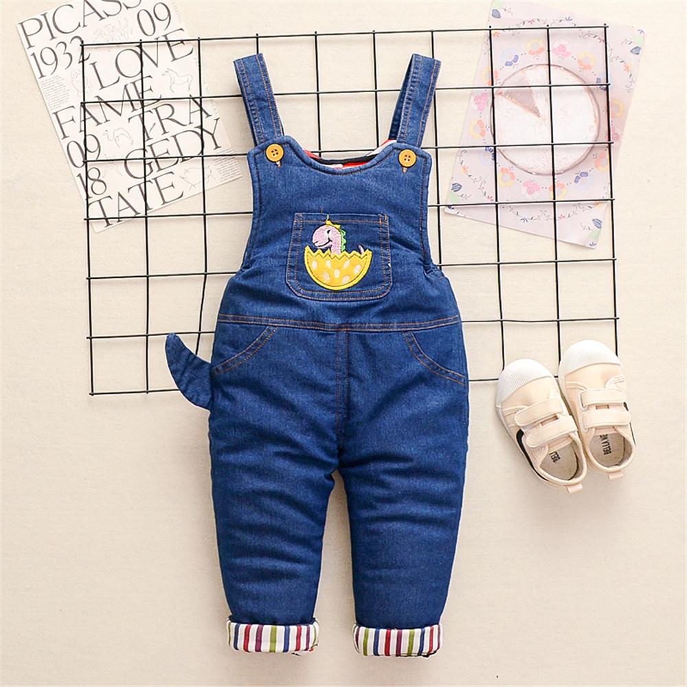 Baby Dinosaur Embroidered Denim Overalls - PrettyKid