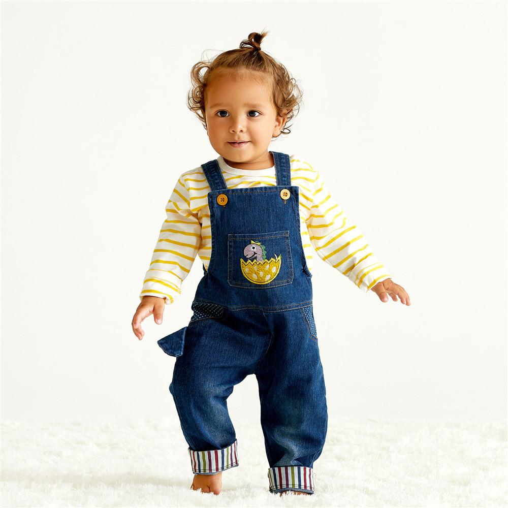 Baby Dinosaur Embroidered Denim Overalls - PrettyKid