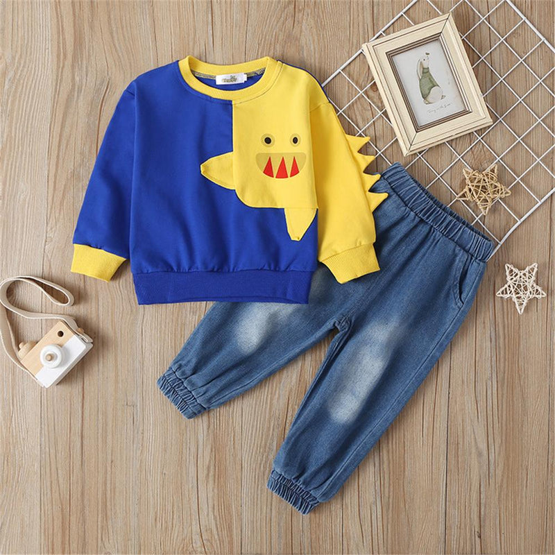 Boys Dinosaur Long Sleeve T-shirt & Jeans Wholesale Clothing For Children - PrettyKid