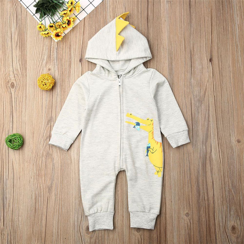 Baby Dinosaur Print Hooded Zipper Long Sleeve Rompers - PrettyKid