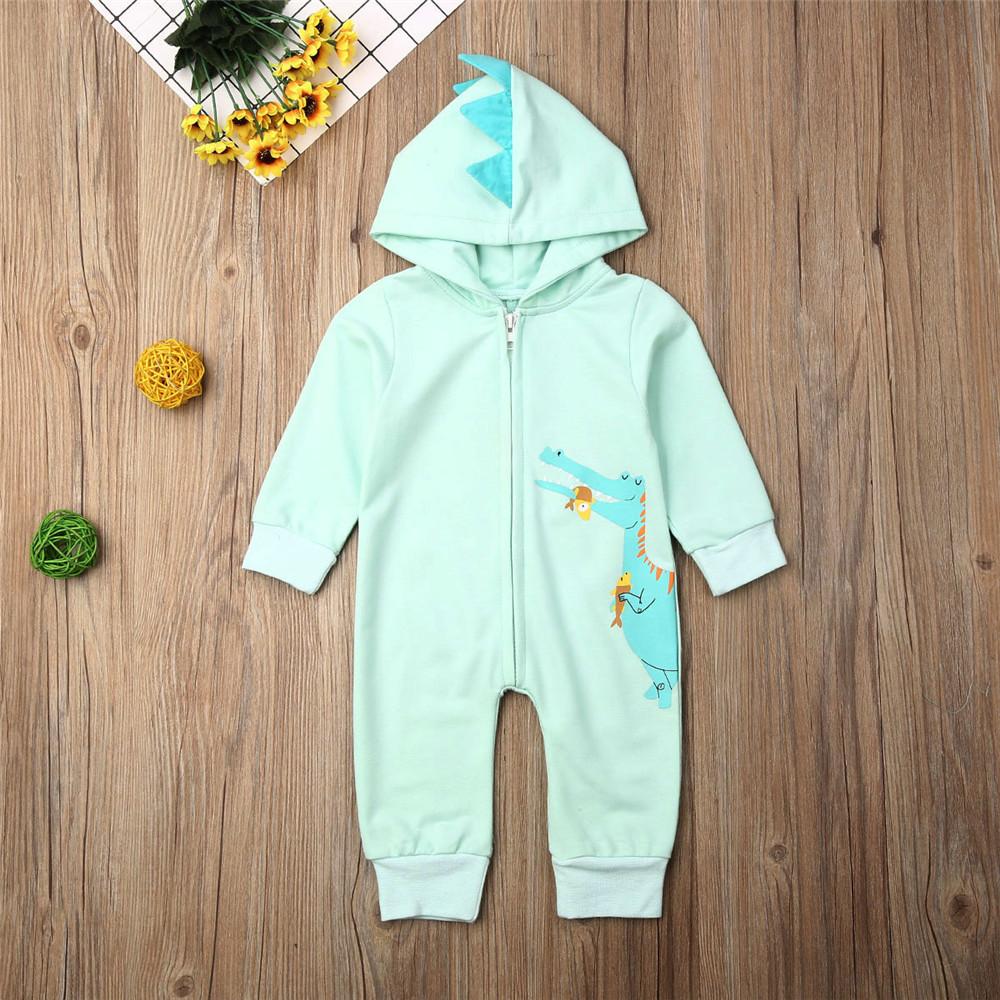 Baby Dinosaur Print Hooded Zipper Long Sleeve Rompers - PrettyKid