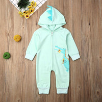 Baby Dinosaur Print Hooded Zipper Long Sleeve Rompers - PrettyKid