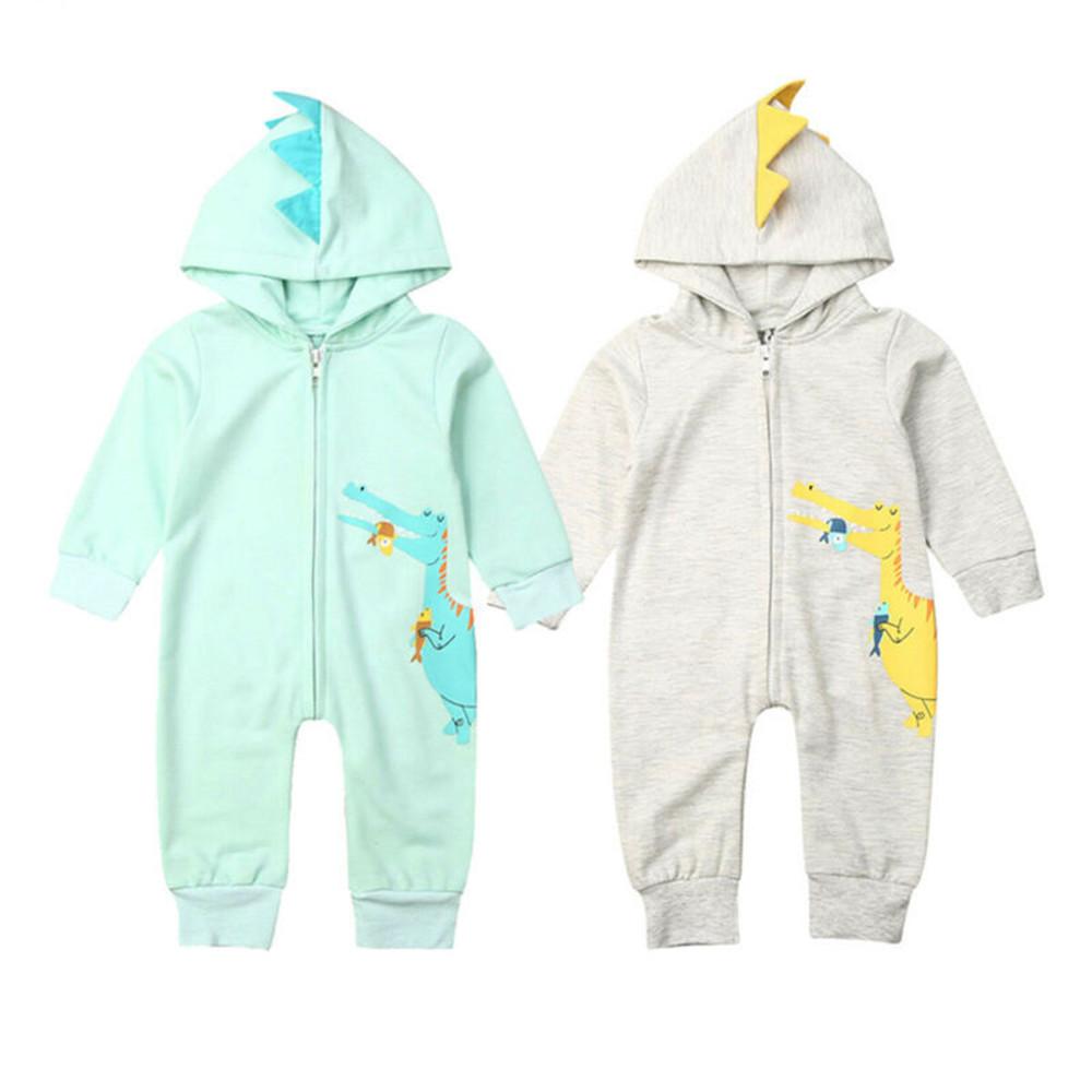 Baby Dinosaur Print Hooded Zipper Long Sleeve Rompers - PrettyKid