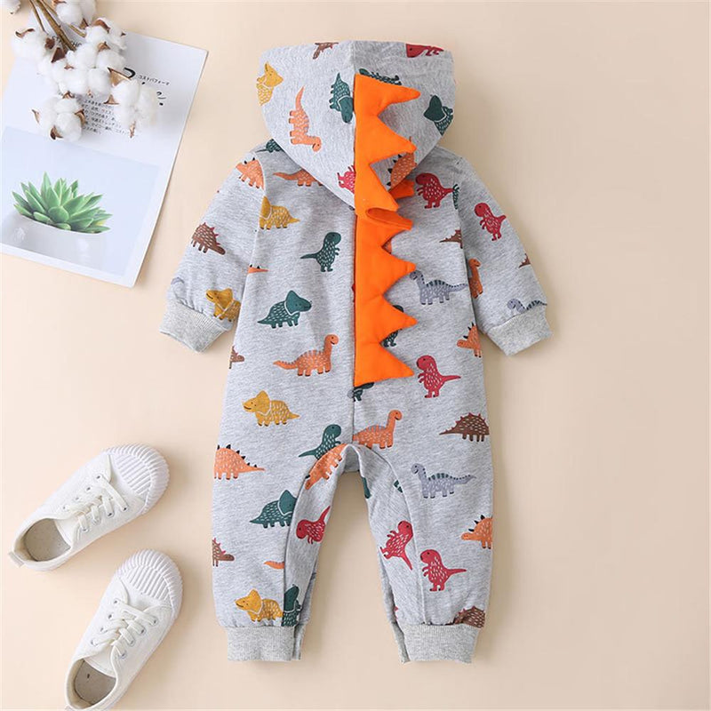 Baby Dinosaur Printed Hooded Long Sleeve Rompers - PrettyKid