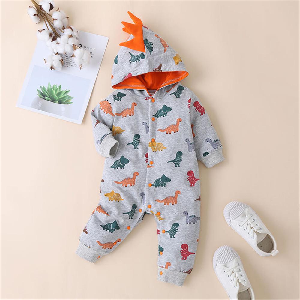 Baby Dinosaur Printed Hooded Long Sleeve Rompers - PrettyKid