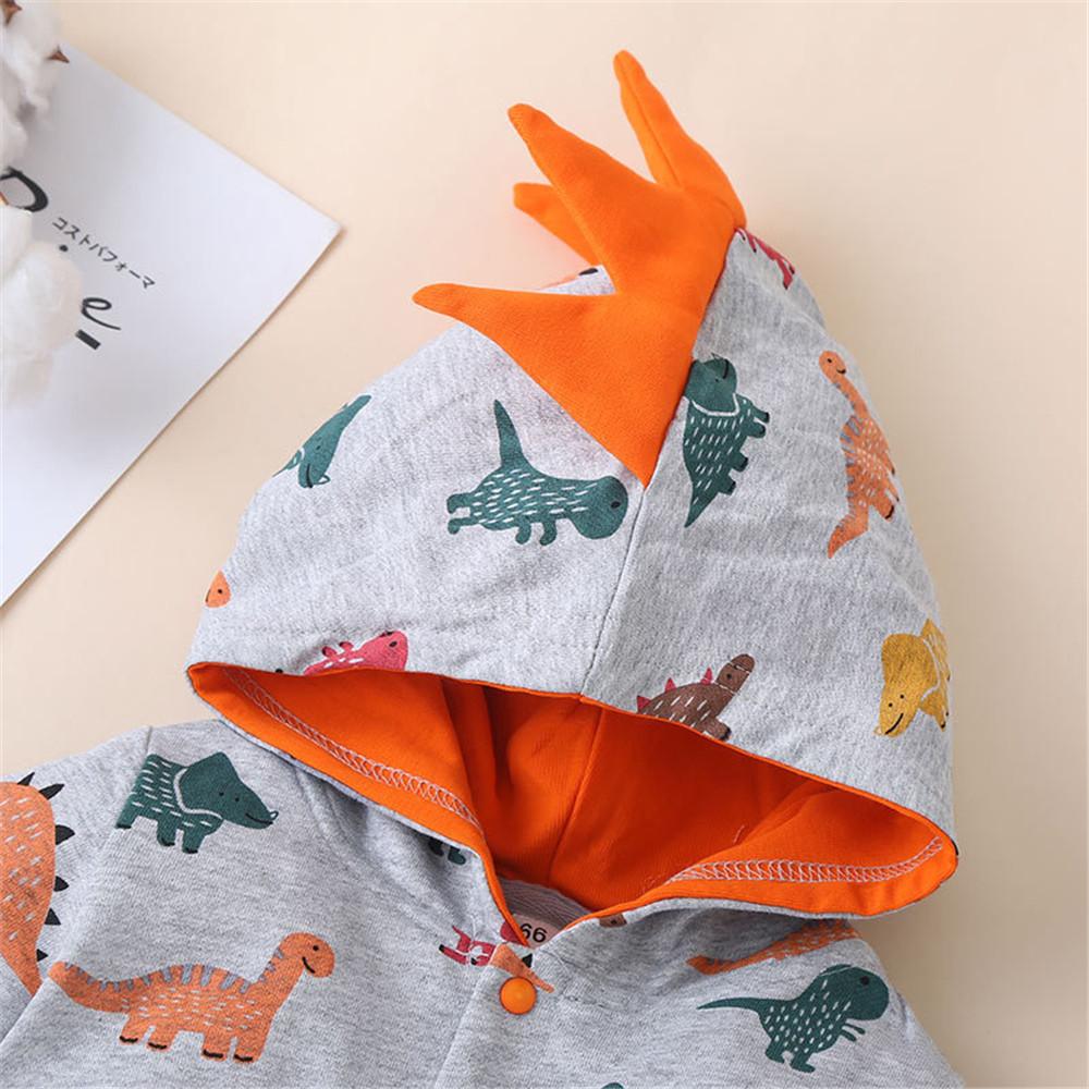 Baby Dinosaur Printed Hooded Long Sleeve Rompers - PrettyKid