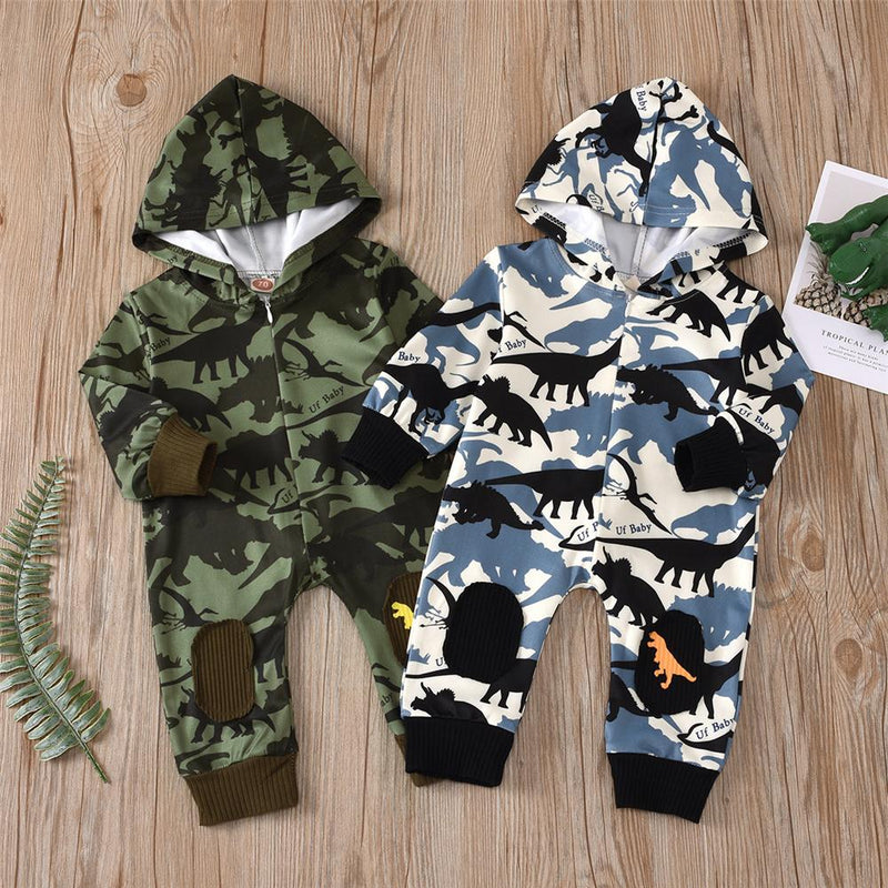 Baby Boys Dinosaur Printed Hooded Romper Baby Clothing Cheap Wholesale - PrettyKid