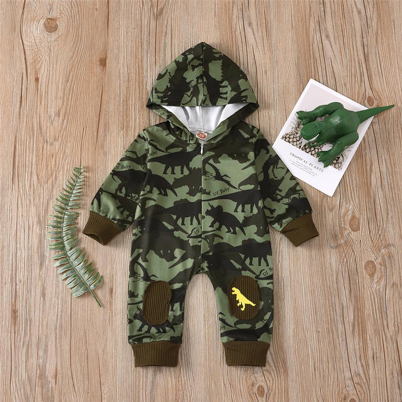 Baby Boys Dinosaur Printed Hooded Romper Baby Clothing Cheap Wholesale - PrettyKid