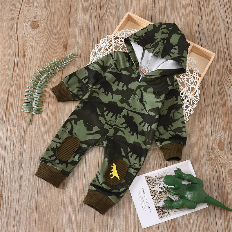 Baby Boys Dinosaur Printed Hooded Romper Baby Clothing Cheap Wholesale - PrettyKid