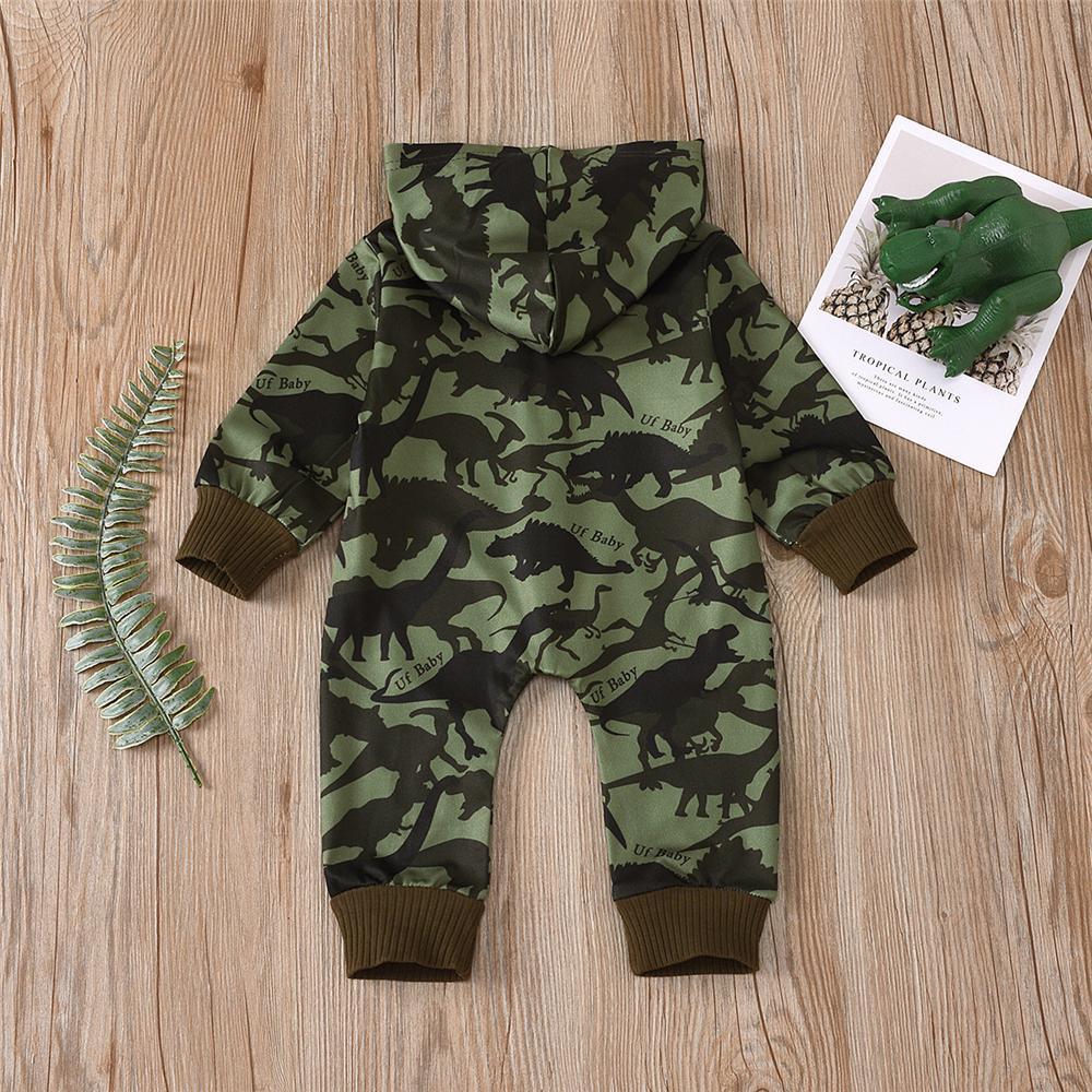 Baby Boys Dinosaur Printed Hooded Romper Baby Clothing Cheap Wholesale - PrettyKid