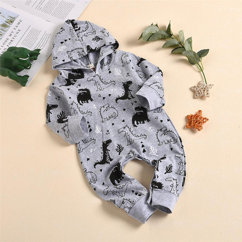 Baby Boys Dinosaur Printed Hooded Romper Baby Wholesales - PrettyKid