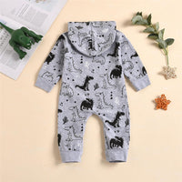 Baby Boys Dinosaur Printed Hooded Romper Baby Wholesales - PrettyKid