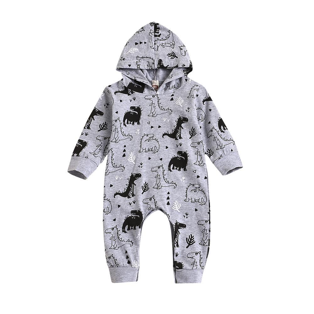 Baby Boys Dinosaur Printed Hooded Romper Baby Wholesales - PrettyKid