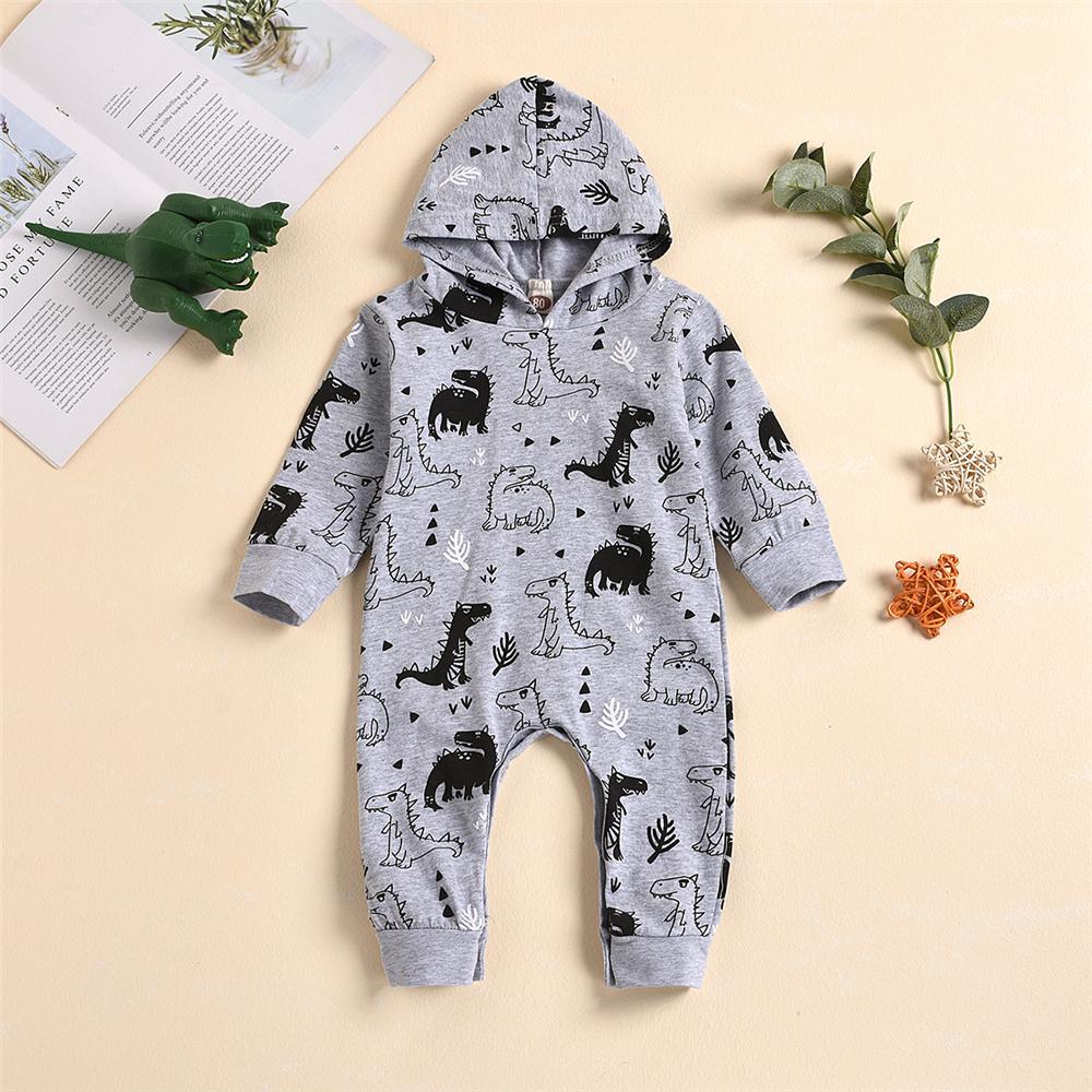 Baby Boys Dinosaur Printed Hooded Romper Baby Wholesales - PrettyKid