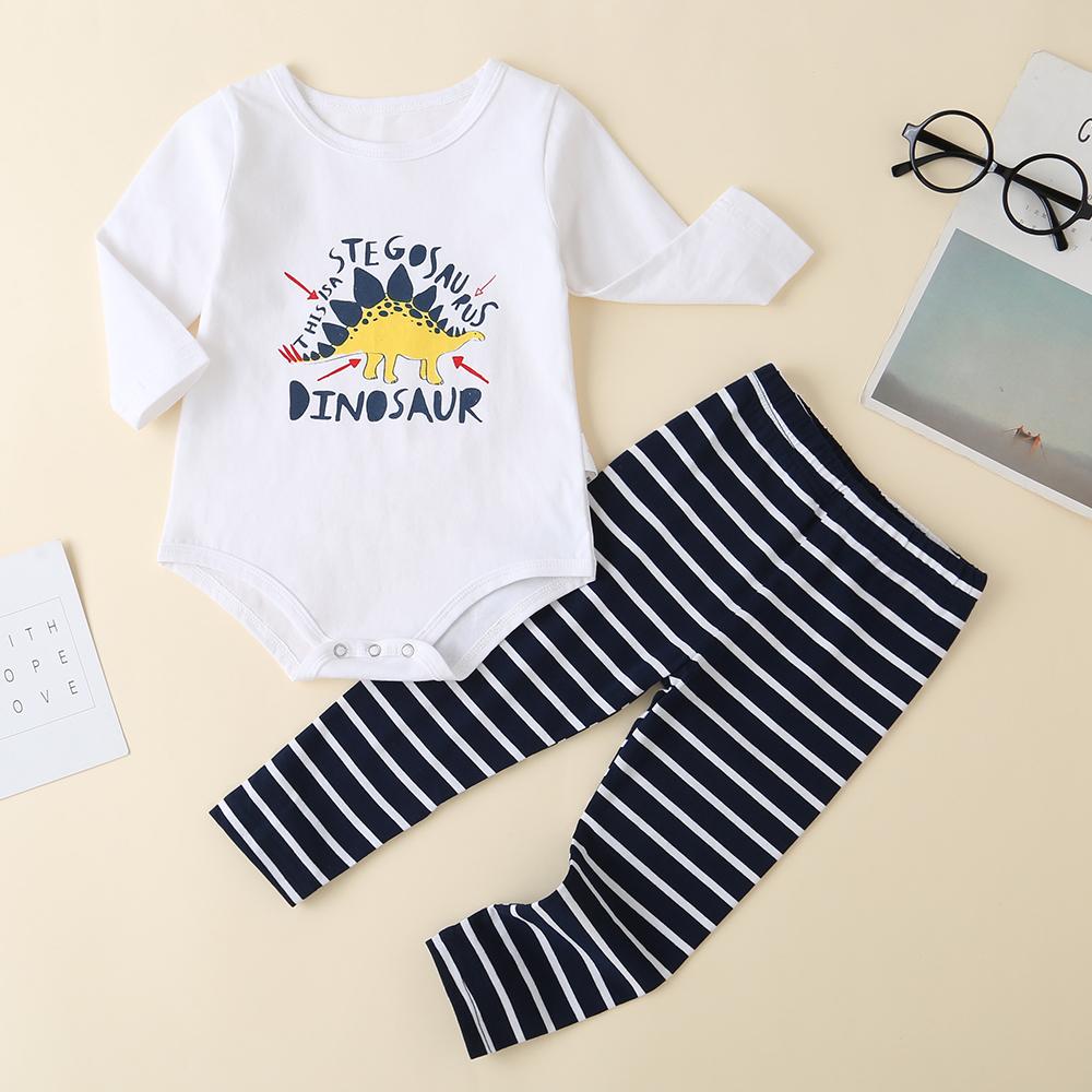 Baby Dinosaur Printed Long Sleeve Romper & Striped trousers - PrettyKid
