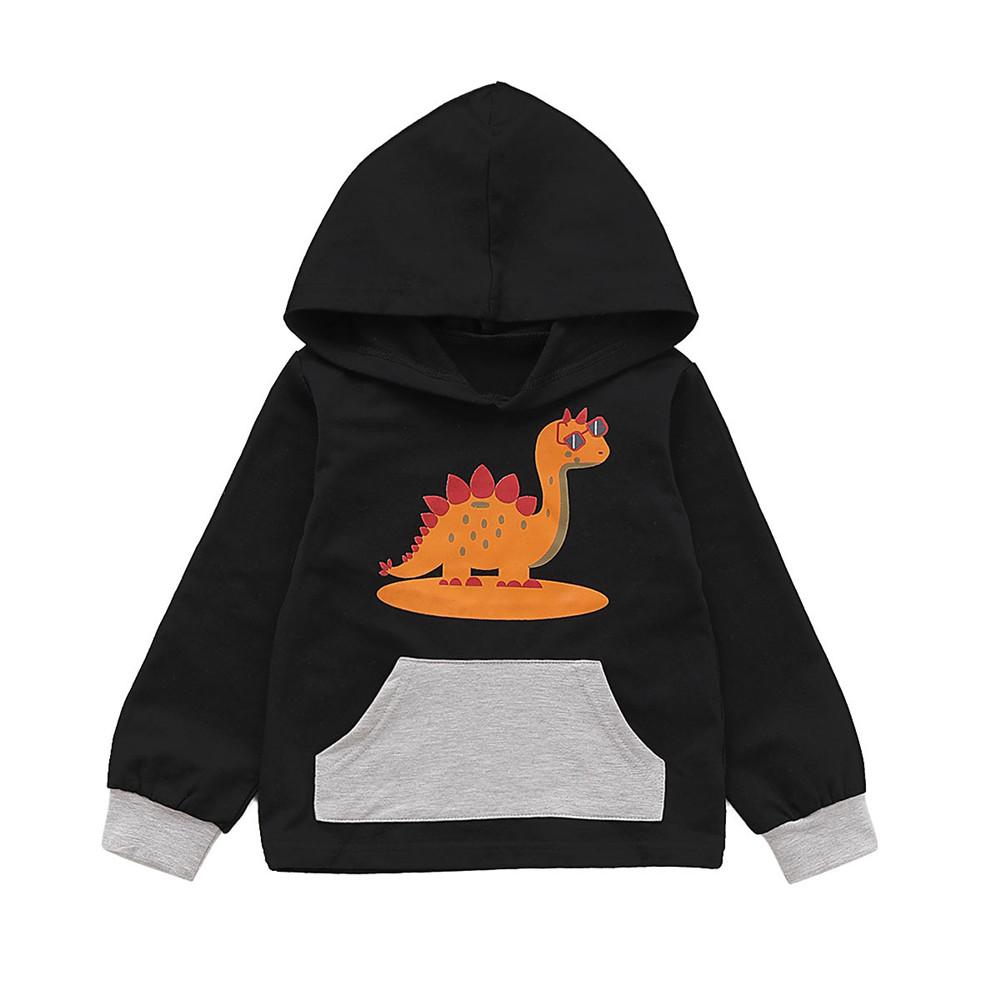 Boys Dinosaur Printed Pocket Long Sleeve Hooded Tops - PrettyKid