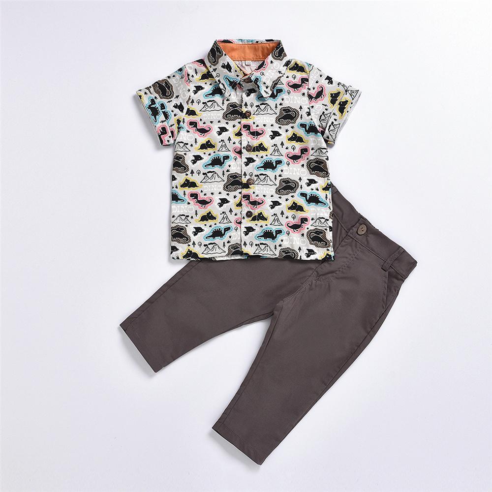 Boys Dinosaur Printed Short Sleeve Lapel Shirts & Pants Wholesale Baby Boy Boutique - PrettyKid