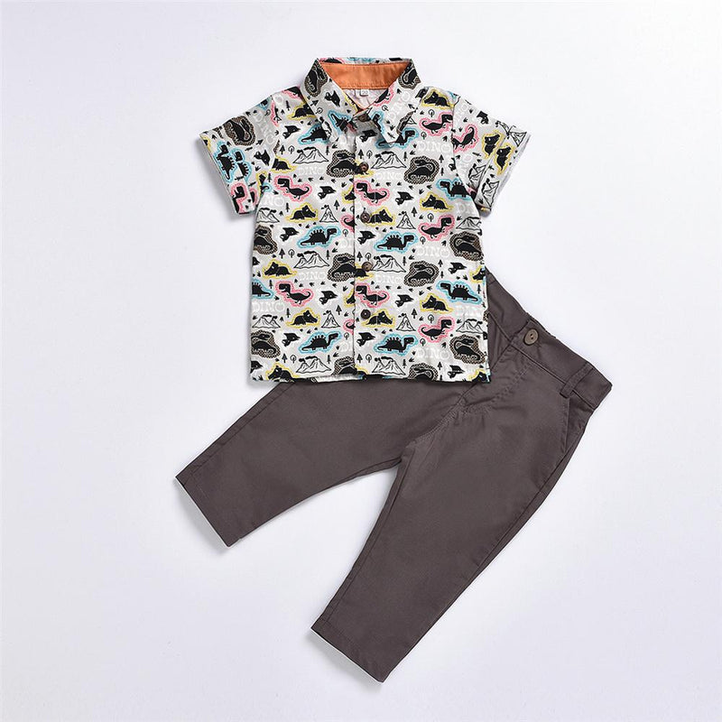 Boys Dinosaur Printed Short Sleeve Lapel Shirts & Pants Wholesale Baby Boy Boutique - PrettyKid