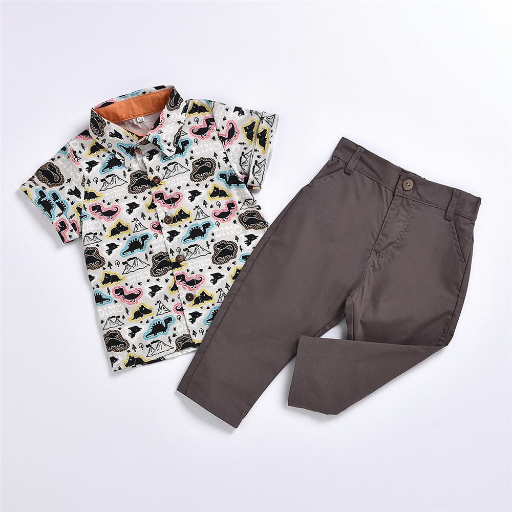 Boys Dinosaur Printed Short Sleeve Lapel Shirts & Pants Wholesale Baby Boy Boutique - PrettyKid
