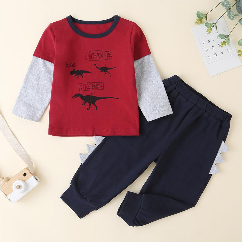 Baby Boys Dinosaur Printed Stitching Long Sleeve Top & Pants - PrettyKid