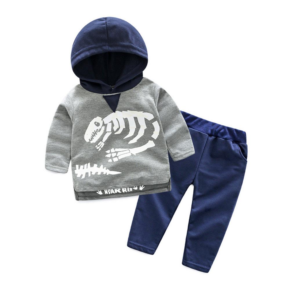 Boys Dinosaur Skeleton Printed Hooded Long Sleeve Top & Pants Wholesale Trendy Childrens Clothing - PrettyKid