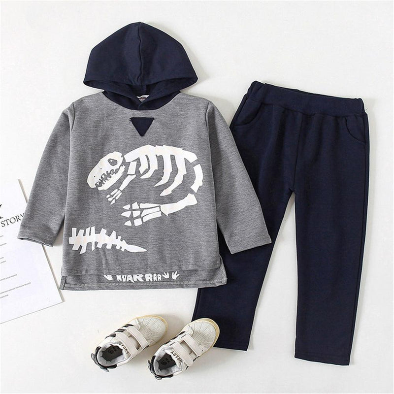 Boys Dinosaur Skeleton Printed Hooded Long Sleeve Top & Pants Wholesale Trendy Childrens Clothing - PrettyKid