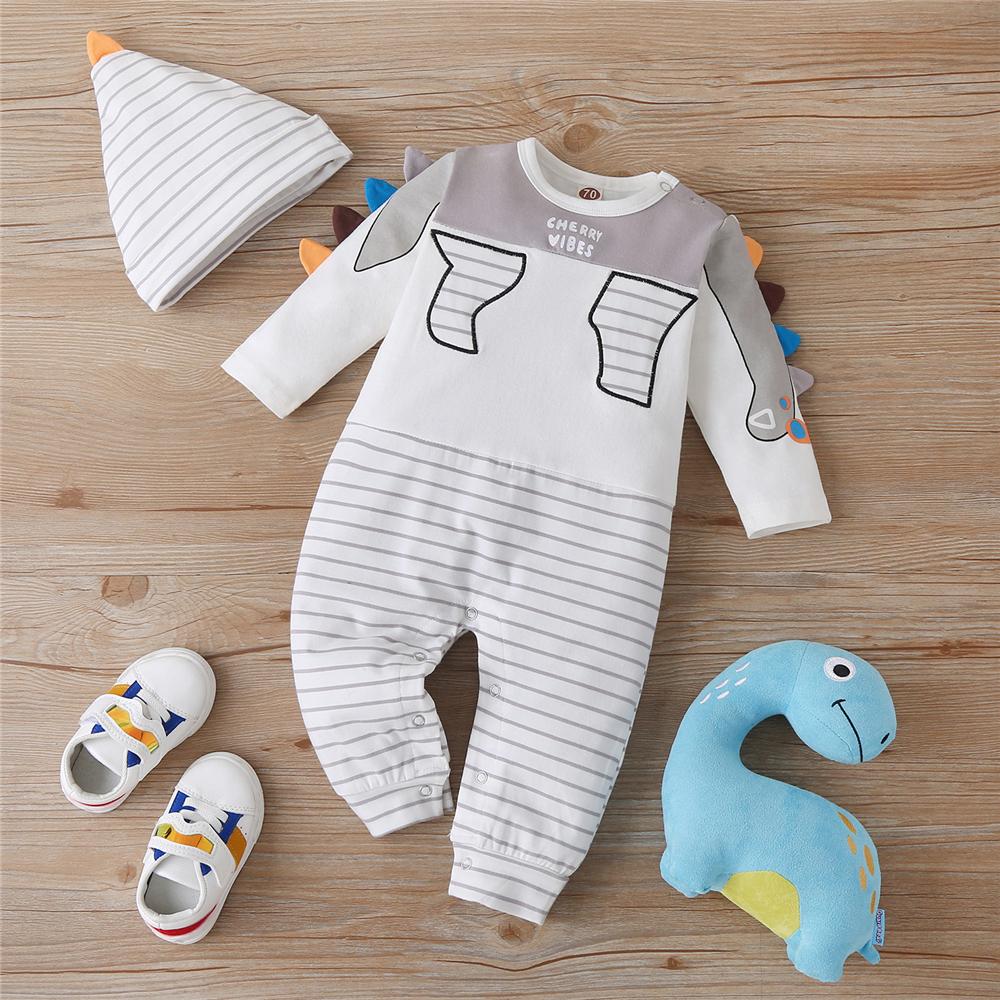 Baby Dinosaur Striped Long Sleeve Romper & Hat Boutique Baby Clothes Wholesale - PrettyKid