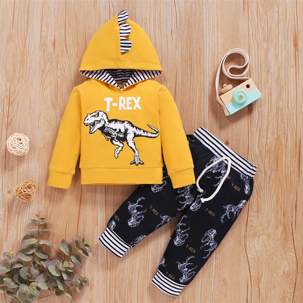 Baby Boys Dinosaur T-Rex Striped Hooded Long Sleeve Top & Pants Baby Clothes Cheap Wholesale - PrettyKid