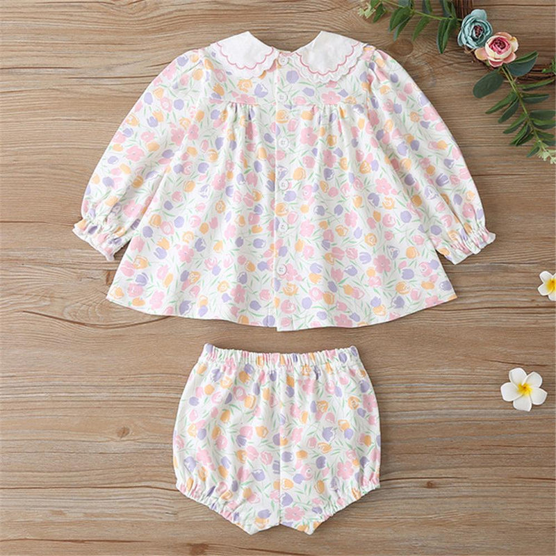 Girls Doll Collar Floral Printed Long Sleeve & Shorts Girls Clothing Wholesale - PrettyKid