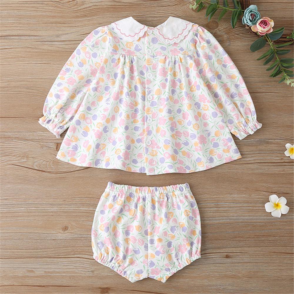 Girls Doll Collar Floral Printed Long Sleeve & Shorts Girls Clothing Wholesale - PrettyKid