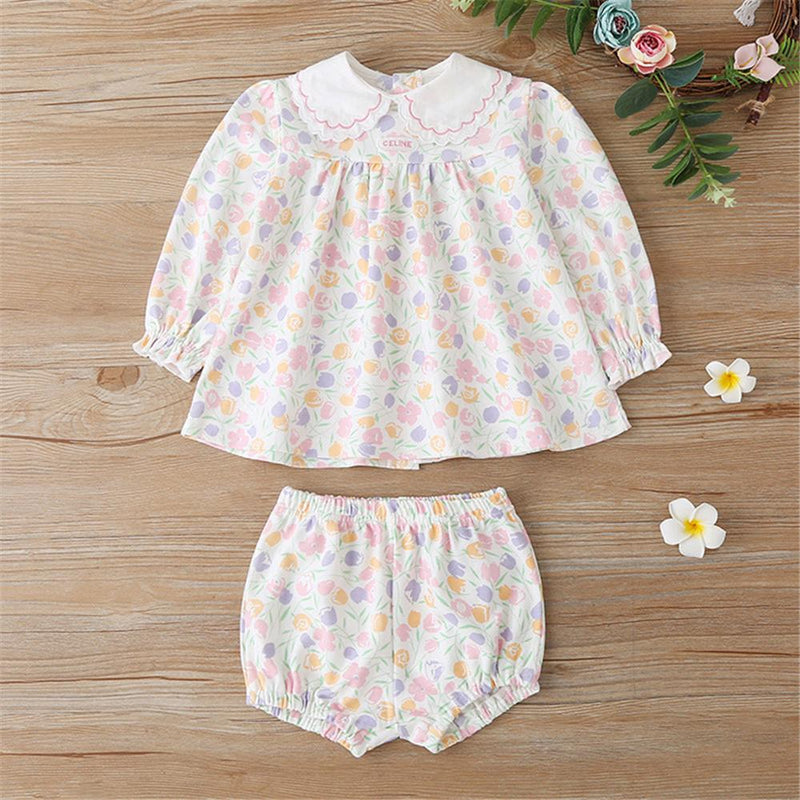 Girls Doll Collar Floral Printed Long Sleeve & Shorts Girls Clothing Wholesale - PrettyKid