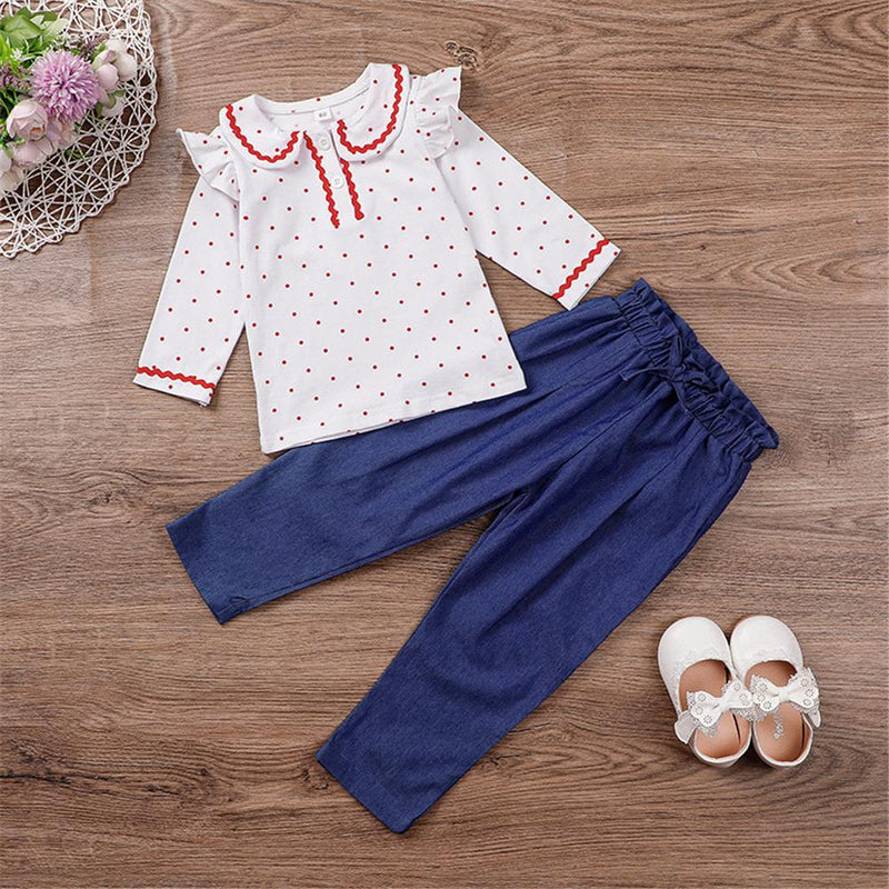 Toddler Girls Doll Collar Polka Dot Top & Denim Pants Wholesale Girl Clothing - PrettyKid