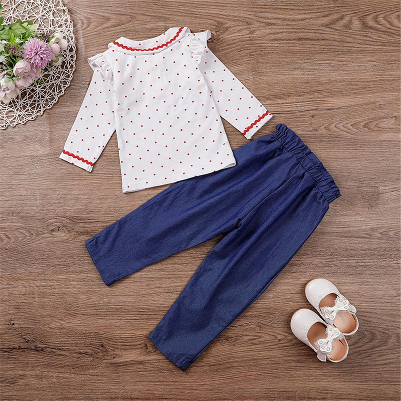 Toddler Girls Doll Collar Polka Dot Top & Denim Pants Wholesale Girl Clothing - PrettyKid