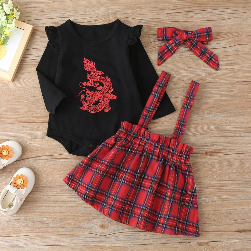 Baby Girls Dragon Long Sleeve Romper & Plaid Suspender Skirt Wholesale - PrettyKid