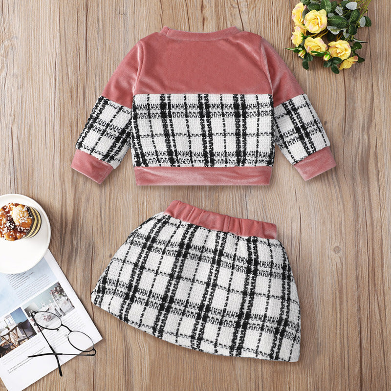 Colorblock Plaid Top And Skirt Wholesale Toddler Girl Sets - PrettyKid
