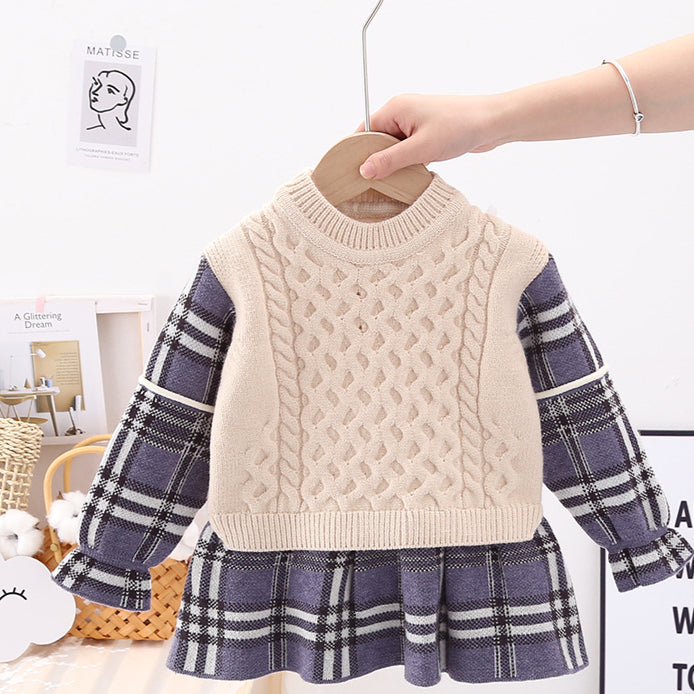 Christmas Plaid Round Neck Pullover Sweater Dress Toddler Girl Clothes - PrettyKid