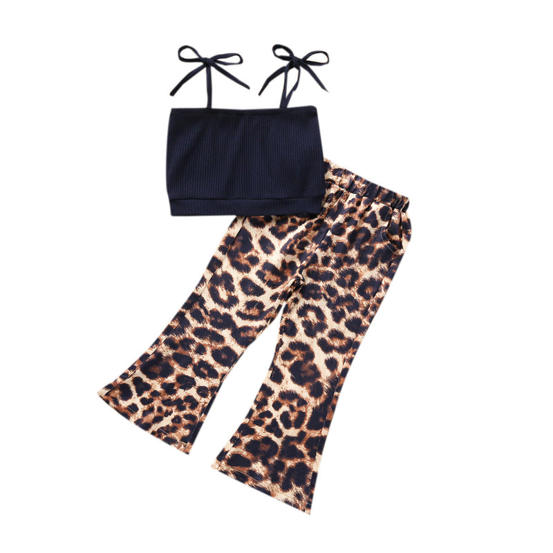 Black Ribbed Cami Top Leopard Bell Bottom Pants Toddler Girl Sets Wholesale - PrettyKid