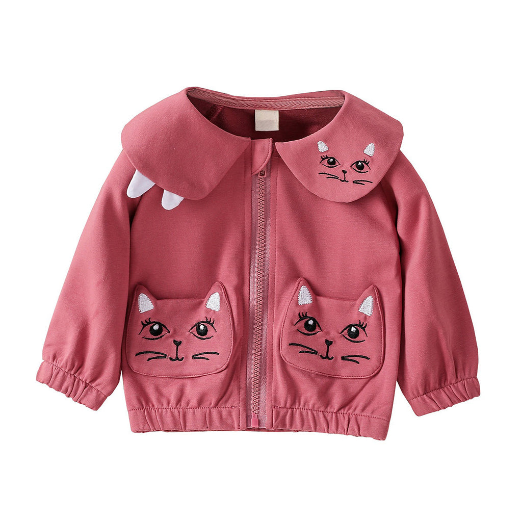 Baby Girls Cat Print Pocket Lapel Zip Up Jackets - PrettyKid