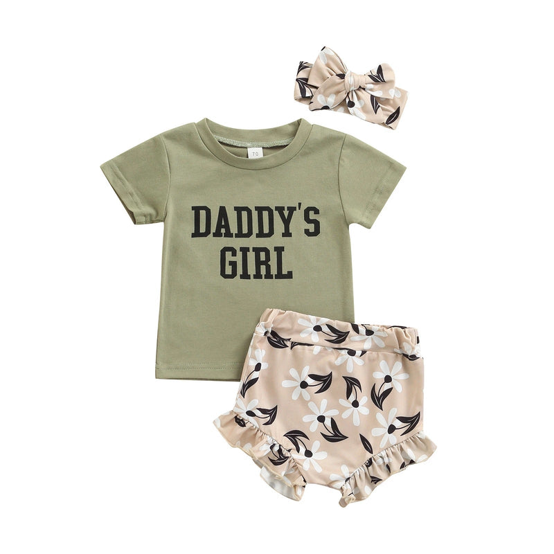 Baby Girl Letter Print T-Shirt And Floral Briefs With Headband Baby Outfit Sets - PrettyKid