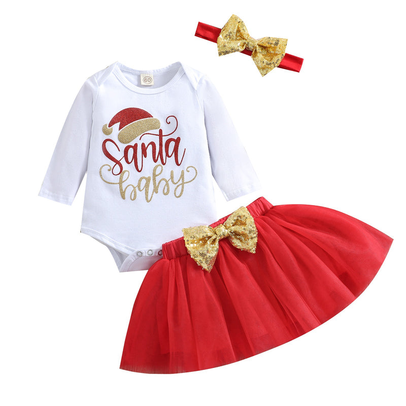 Christmas Santa Baby Jumpsuit And Skirt And Headband 3 Piece Baby Girl Outfit - PrettyKid