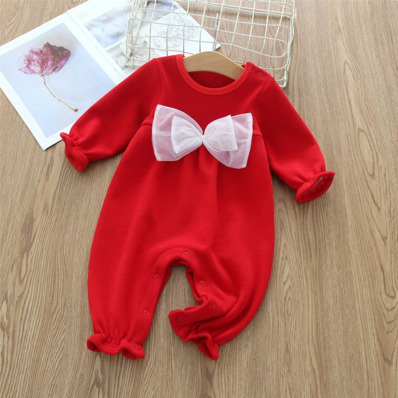 Bow Tie Round Neck Red Baby Girl Jumpsuit Long Sleeve - PrettyKid