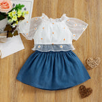 Baby Girl Daisy Print Mesh Crop Top And Denim Skirt Two Piece Baby Sets - PrettyKid