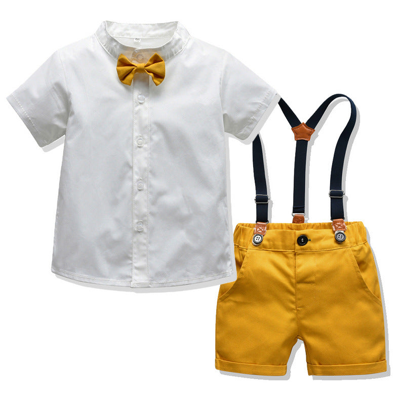 Boys White Plain Shirts Bow Tie Suspender Pants Wholesale Baby Clothing - PrettyKid