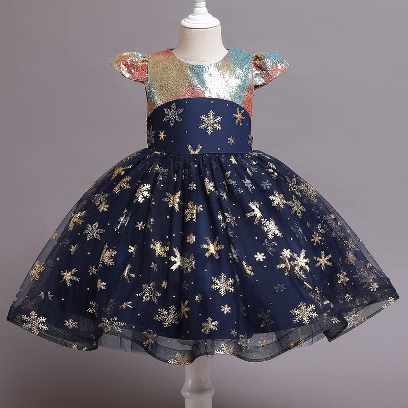 Christmas Snowflake Print Net Yarn Toddler And Kid Girl Party Dresses - PrettyKid