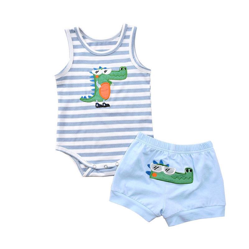 Baby Boys Crocodile Pattern Sleeveless Striped Bodysuit And Shorts Wholesale Baby Sets - PrettyKid